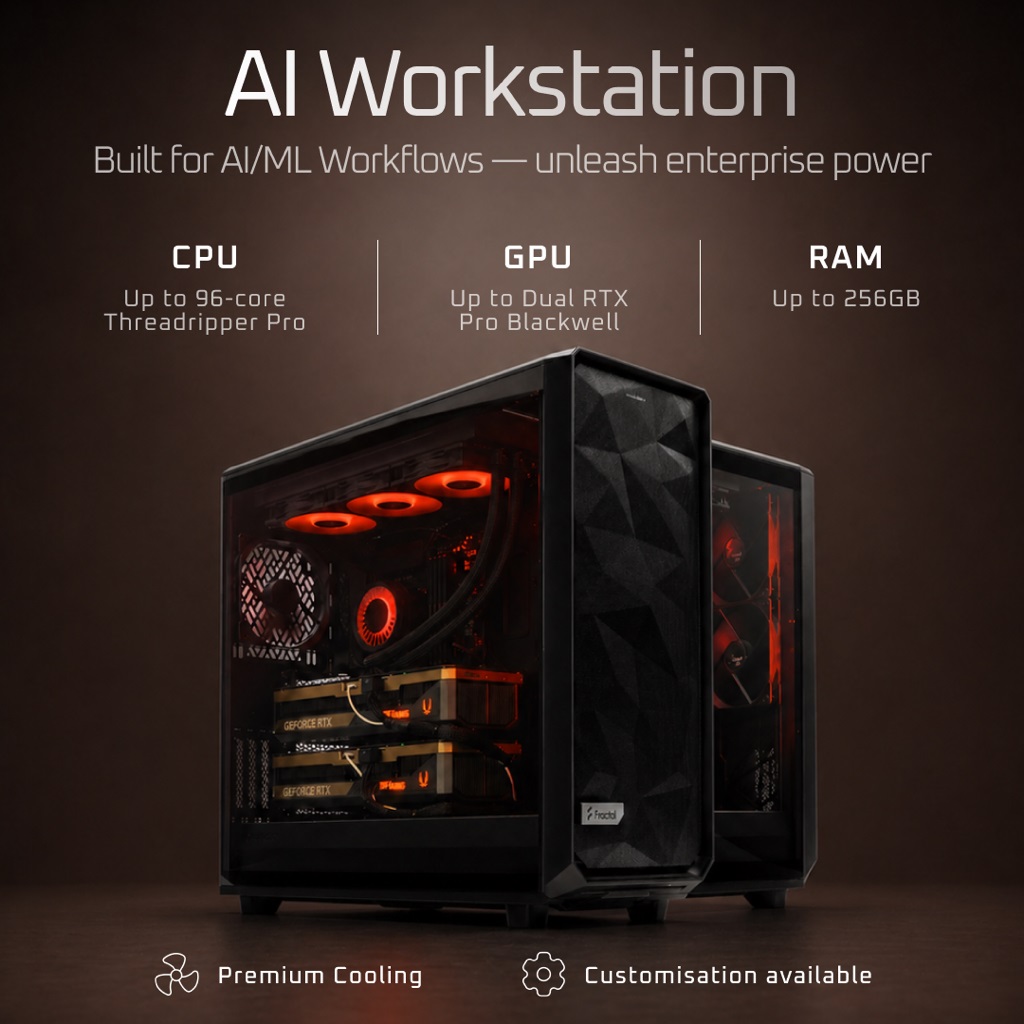Extreme AI computing power workstation with dual NVIDIA GeForce GPUs, 360mm liquid cooling, DDR5 memory, and up to 8TB NVMe SSD storage